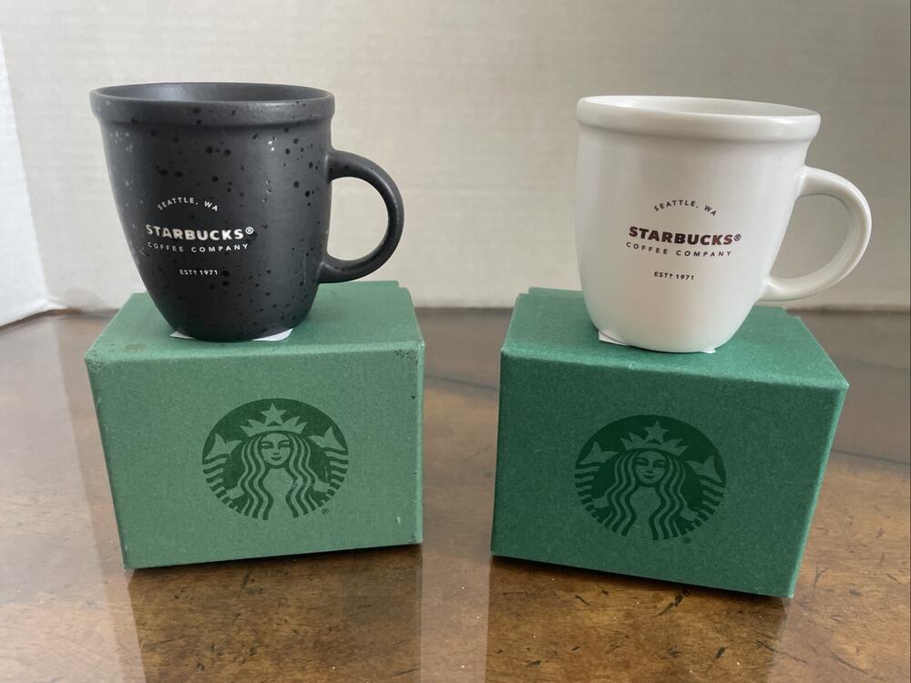 Starbucks 2016 Seattle 3 oz Matte Black white Pair Espresso Shot Mug LOT